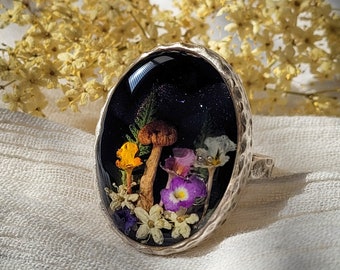 Real Mushroom Ring, Pressed Flower Ring With A Hand Painted Galaxy Starry Sky Set In Eco Resin. Adjustable And Hypoallergenic Ring.