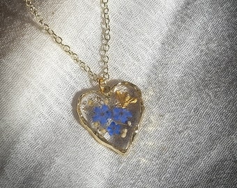 Pressed Flower Gold Bee Necklace | Handmade Cottagecore Heart Resin Pendant