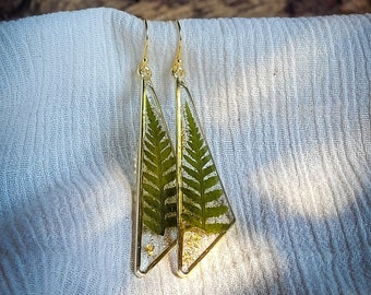 Pressed  Fern Gold Earrings, Real Fern Leaves Dangle Earrings, Preserved In Crystal Clear Eco Resin
