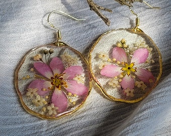 Pressed  Pink Flower Dangle Resin Earrings