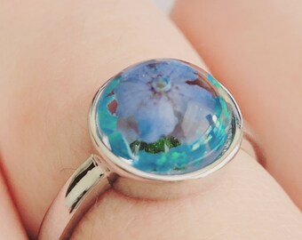 Pressed Forget Me Not Flower And Crushed Blue Opal Adjustable Ring, High Quality 925 Sterling Silver