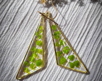 Pressed  Fern Gold Earrings, Real Fern Leaves Dangle Earrings, Preserved In Crystal Clear Eco Resin