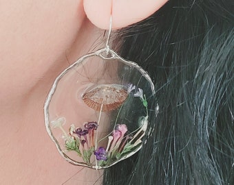 Mushroom Earrings, Pressed Flower Earrings, Tiny Real Mushrooms, And Flowers Encapsulated In Eco Resin