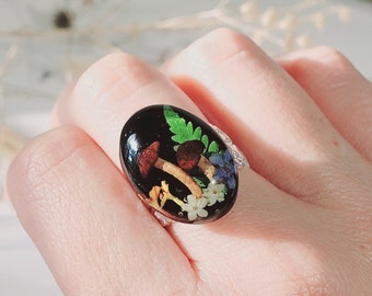 Real Mushroom Ring, Pressed Flower Ring  Set In Eco Resin. Adjustable And Hypoallergenic Ring.