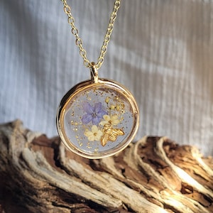 Pressed Flower Gold Bee Necklace | Handmade Cottagecore Resin Pendant