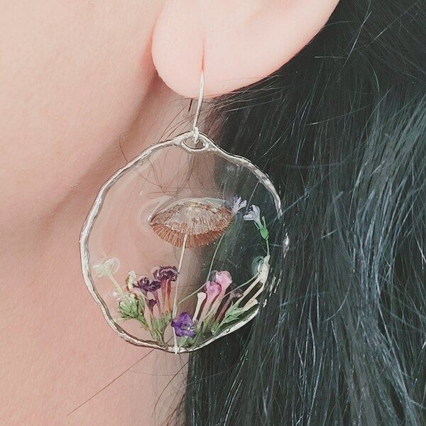 Mushroom Earrings, Pressed Flower Earrings, Tiny Real Mushrooms, And Flowers Encapsulated In Eco Resin