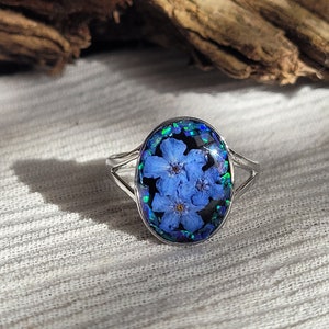 Blue Opal And Pressed Flower Ring | Adjustable Sterling Silver And Resin