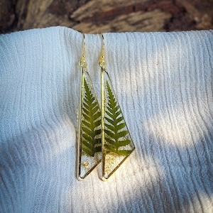 Pressed  Fern Gold Earrings, Real Fern Leaves Dangle Earrings, Preserved In Crystal Clear Eco Resin