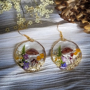 Mushroom Earrings, Pressed Flower Earrings, Tiny Real Mushrooms, And Flowers Encapsulated In Eco Resin image 1