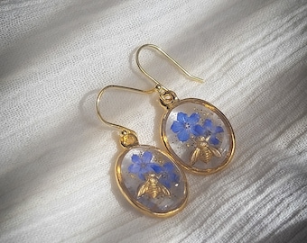 Pressed Flowers And Bee Earrings | Blue Forget Me Not Gold Earrings
