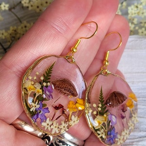 Mushroom Earrings, Pressed Flower Earrings, Tiny Real Mushrooms, And Flowers Encapsulated In Eco Resin image 3