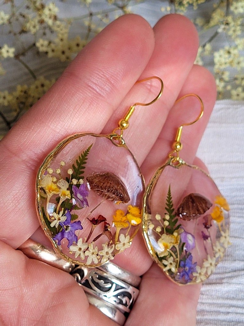 Mushroom Earrings, Pressed Flower Earrings, Tiny Real Mushrooms, And Flowers Encapsulated In Eco Resin image 3