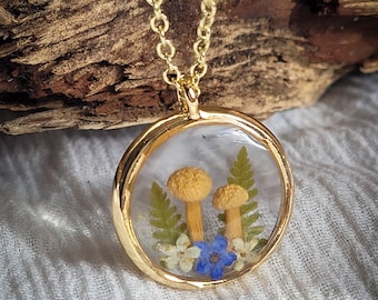 Real Mushroom And Pressed Flower Necklace | Dainty Cottagecore Pendant