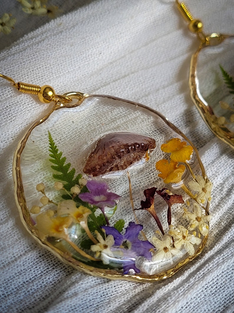 Mushroom Earrings, Pressed Flower Earrings, Tiny Real Mushrooms, And Flowers Encapsulated In Eco Resin image 4