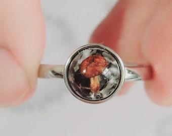 Real Mushroom And Obsidian Ring, Goblincore Ring In  925 Sterling Silver