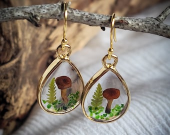 Mushroom and Emerald Green Stone Earrings