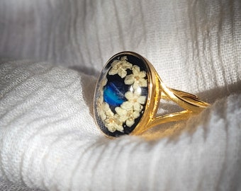 Moonstone And Pressed Flower Ring | Adjustable Gold Plated Sterling Silver And Resin | Unique Gift For Nature Lovers