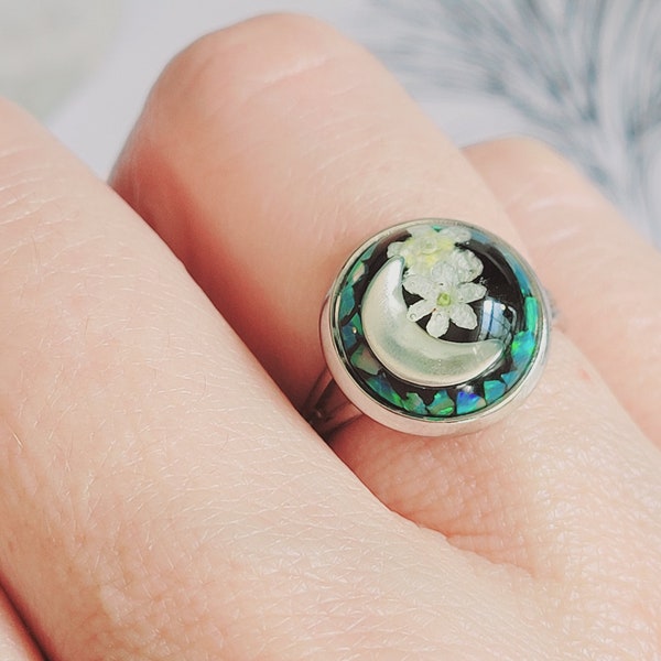 Pressed Flower Crescent Moon Ring With Crushed Opal