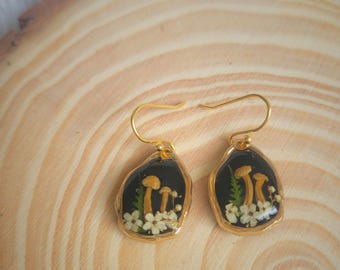 Real Mushroom Earrings Gold Filled, Goblincore Dangle Jewelry, Pressed Flower Resin, Dark Cottagecore Gift for Her, Witchy Forest Nature ...