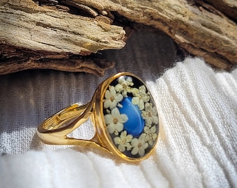 Blue Star Sapphire And Pressed Flower Ring | Adjustable Gold PlatedSterling Silver And Resin | Unique Colorful Jewelry Gift For Plant Lovers