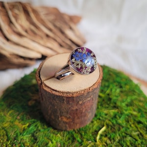 Pressed Flower Ring Sterling Silver Adjustable Band Botanical Cottagecore Jewelry Nature Lover Gift