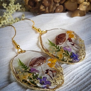 Mushroom Earrings, Pressed Flower Earrings, Tiny Real Mushrooms, And Flowers Encapsulated In Eco Resin image 6