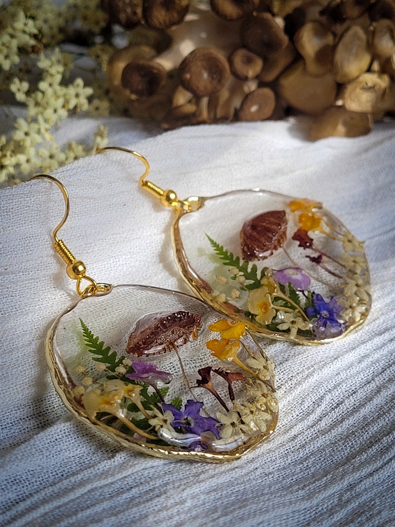 Mushroom Earrings, Pressed Flower Earrings, Tiny Real Mushrooms, And Flowers Encapsulated In Eco Resin image 6