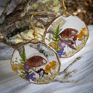 Mushroom Earrings, Pressed Flower Earrings, Tiny Real Mushrooms, And Flowers Encapsulated In Eco Resin image 7