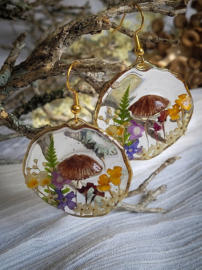 Mushroom Earrings, Pressed Flower Earrings, Tiny Real Mushrooms, And Flowers Encapsulated In Eco Resin image 7