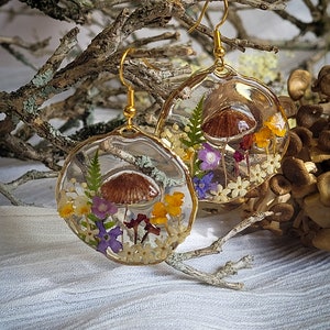 Mushroom Earrings, Pressed Flower Earrings, Tiny Real Mushrooms, And Flowers Encapsulated In Eco Resin image 8