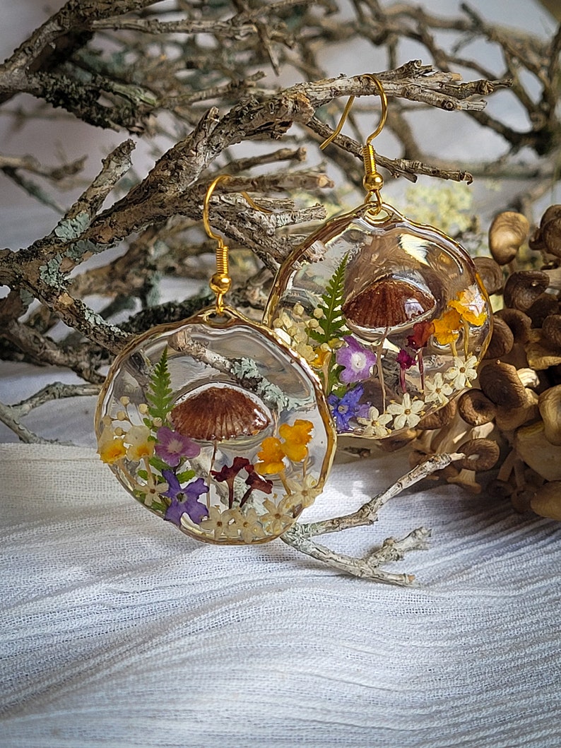 Mushroom Earrings, Pressed Flower Earrings, Tiny Real Mushrooms, And Flowers Encapsulated In Eco Resin image 8