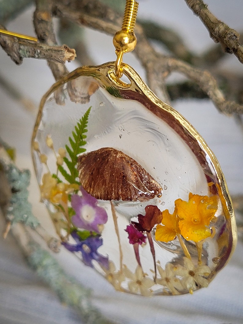 Mushroom Earrings, Pressed Flower Earrings, Tiny Real Mushrooms, And Flowers Encapsulated In Eco Resin image 2