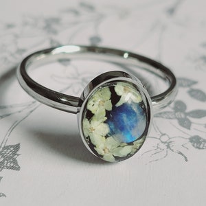 Pressed Flower And Rainbow Moonstone Crystal Ring image 1