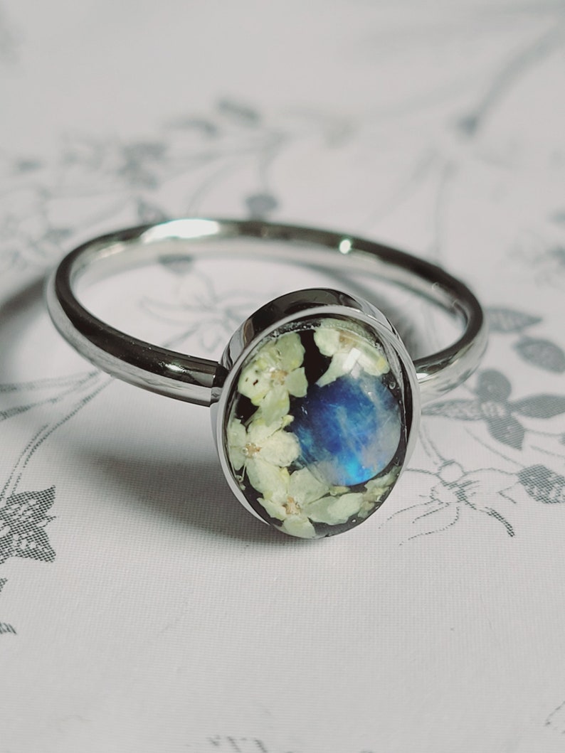 Pressed Flower And Rainbow Moonstone Crystal Ring image 1