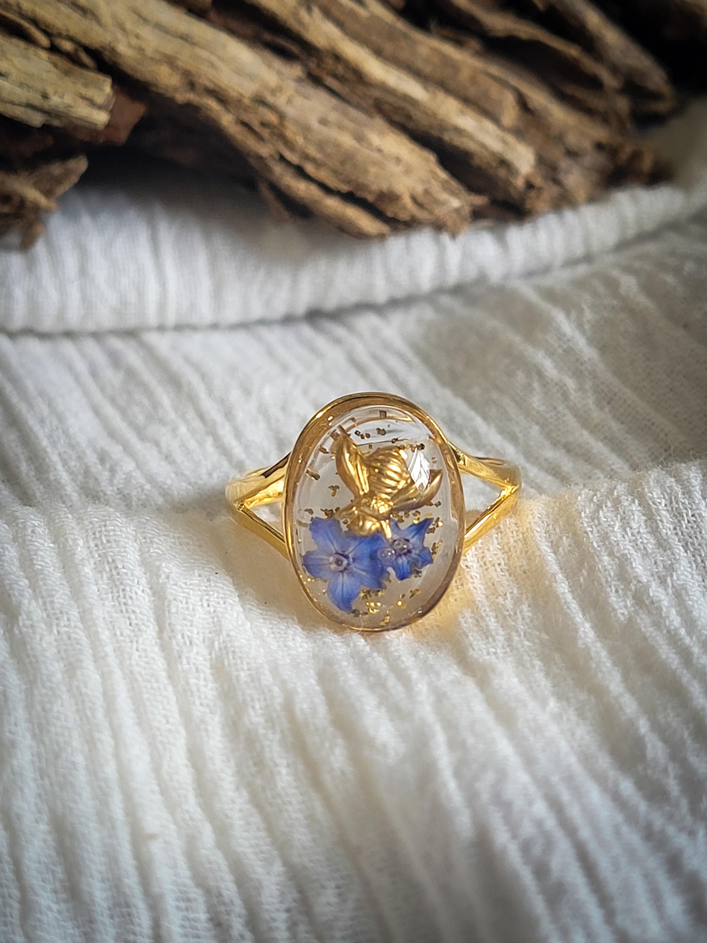 Pressed Flower Ring | Blue Forget Me Not And Gold Bee Sterling Silver