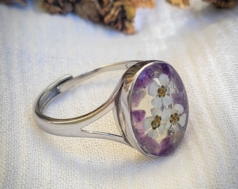 Amethyst And Wild Pressed Flower Ring | Adjustable Sterling Silver And Resin
