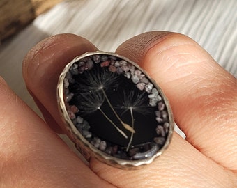 Handgemachte Echte Löwenzahn und Lepidolith Silber Gehämmerter Ring | Zauberhafter Statement Ring | Einzigartiges Natur Inspiriertes Schmuck Geschenk