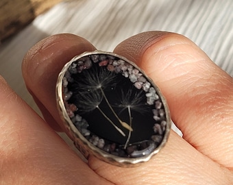 Artisan Real Dandelion & Lepidolite Ring | Handmade Magical Statement Jewelry