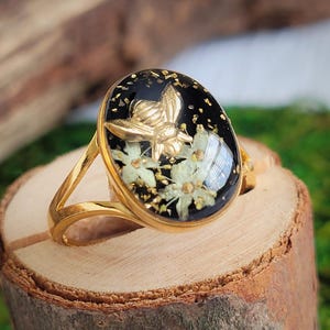 Pressed Flower And Bee Golden Ring