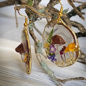 Mushroom Earrings, Pressed Flower Earrings, Tiny Real Mushrooms, And Flowers Encapsulated In Eco Resin image 5