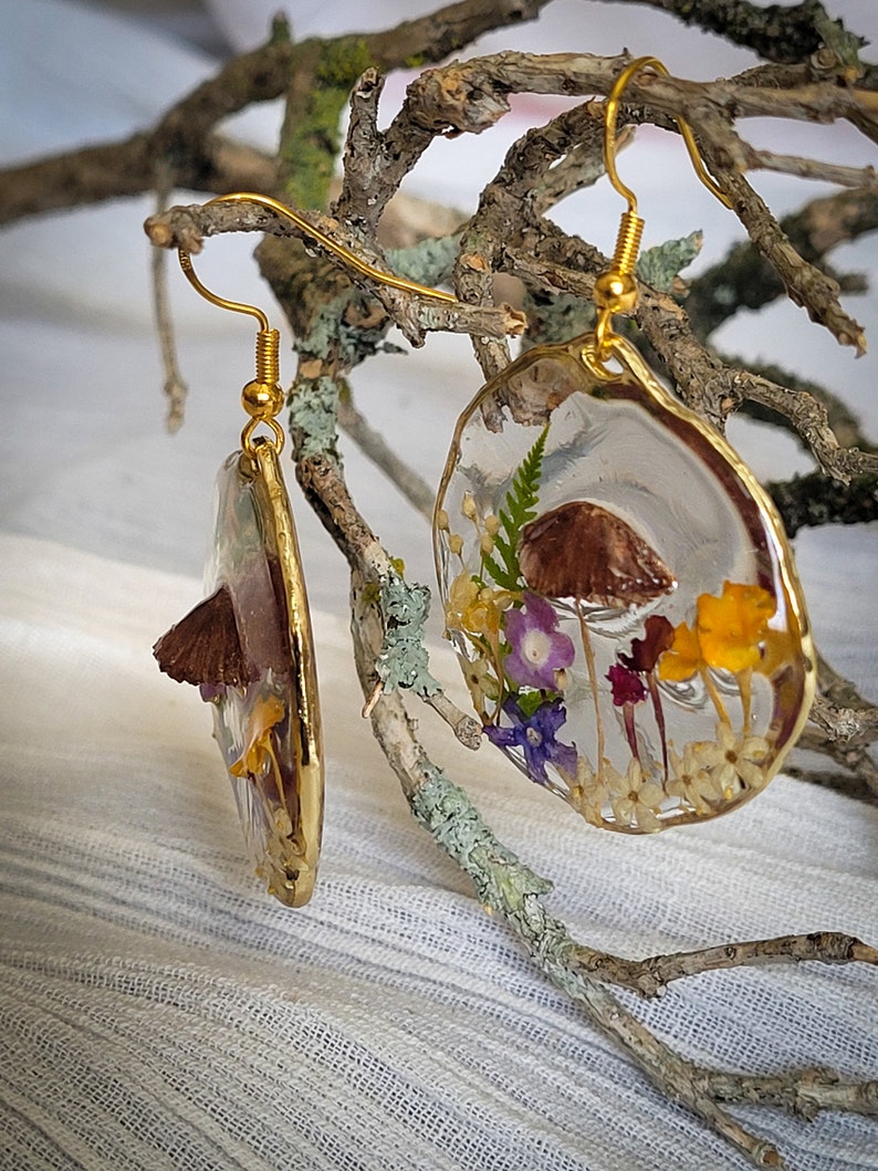 Mushroom Earrings, Pressed Flower Earrings, Tiny Real Mushrooms, And Flowers Encapsulated In Eco Resin image 5