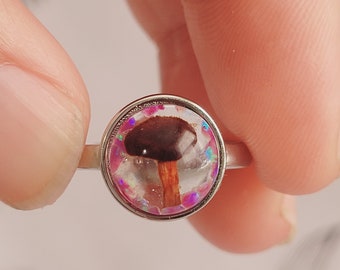 Real Mushroom And Amethyst Opal Ring, Goblincore Ring,  925 Sterling Silver