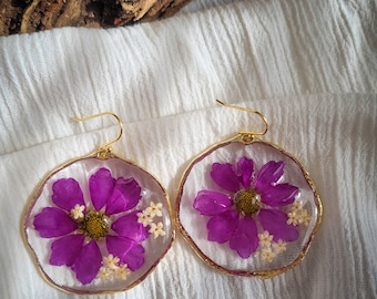Pressed Flower Earrings, Pink Dried  Wild Flowers Resin Earrings