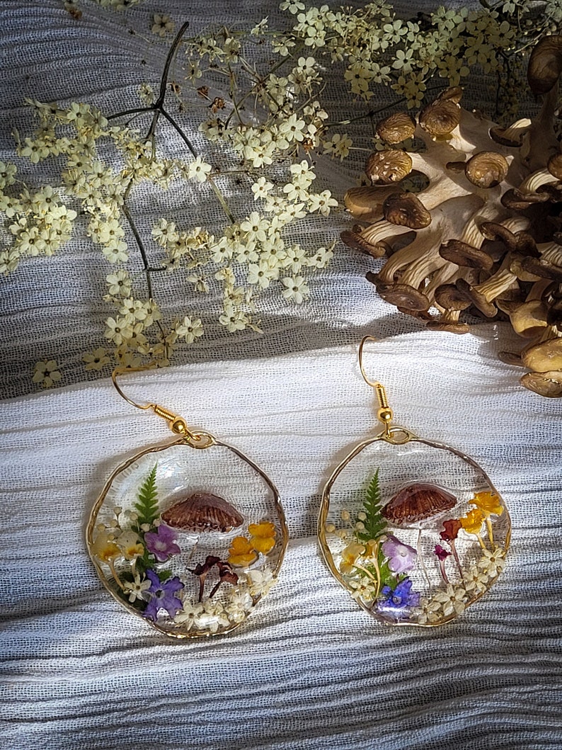 Mushroom Earrings, Pressed Flower Earrings, Tiny Real Mushrooms, And Flowers Encapsulated In Eco Resin image 1