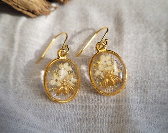 Pressed Flowers And Bee Earrings