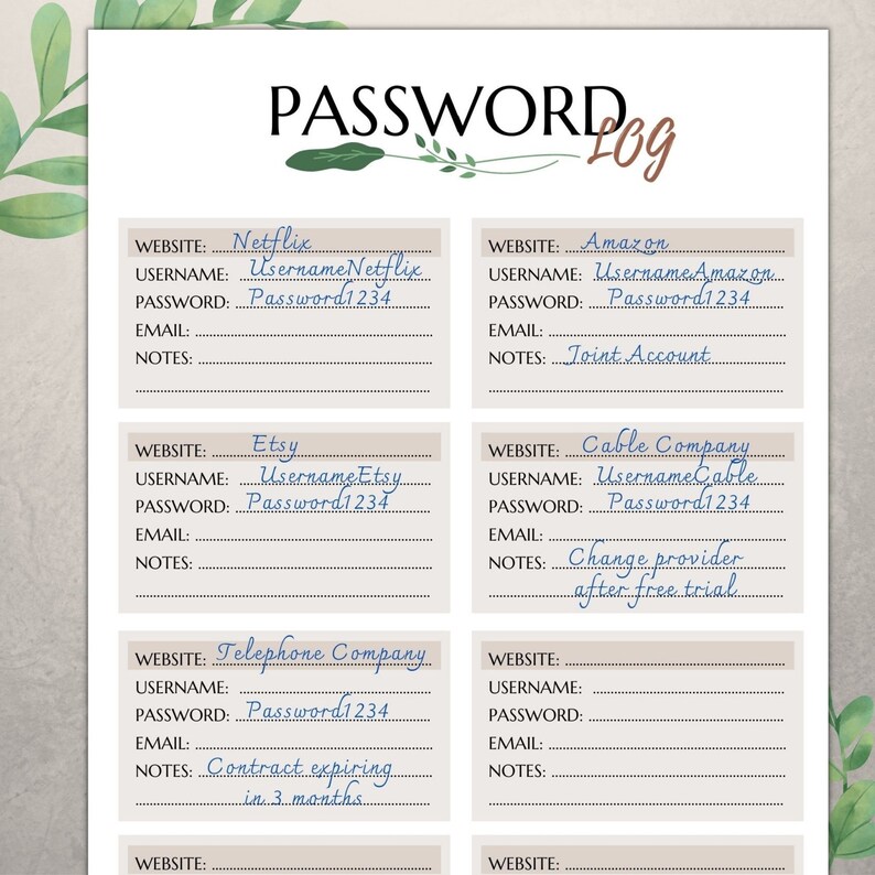 Password Tracker Printable Password Log Password Organizer Website ...