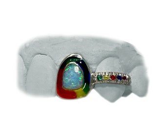 Opal Tooth w Enamel Halo Grillz & Colored Sapphire Bar on Fang