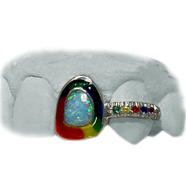 Opal Tooth w Enamel Halo Grillz & Colored Sapphire Bar on Fang