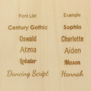 K&ouml;nnte beinhalten: Eine Holztafel zeigt eine Schriftartenliste mit Beispielen. Der Text enth&auml;lt "Font List" und "Example" oben, gefolgt von Schriftartennamen wie "Century Gothic" und "Dancing Script", jeweils gepaart mit einem Beispielnamen wie "Sophia" und "Hannah".