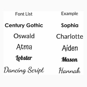 May include: A white background displays a font list with examples. The fonts listed are Century Gothic, Oswald, Atma, Lobster, and Dancing Script. Examples of each font are Sophia, Charlotte, Aiden, Mason, and Hannah.